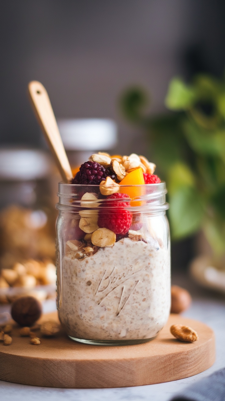 A jar of protein-packed overnight oats topped with fresh fruit and nuts