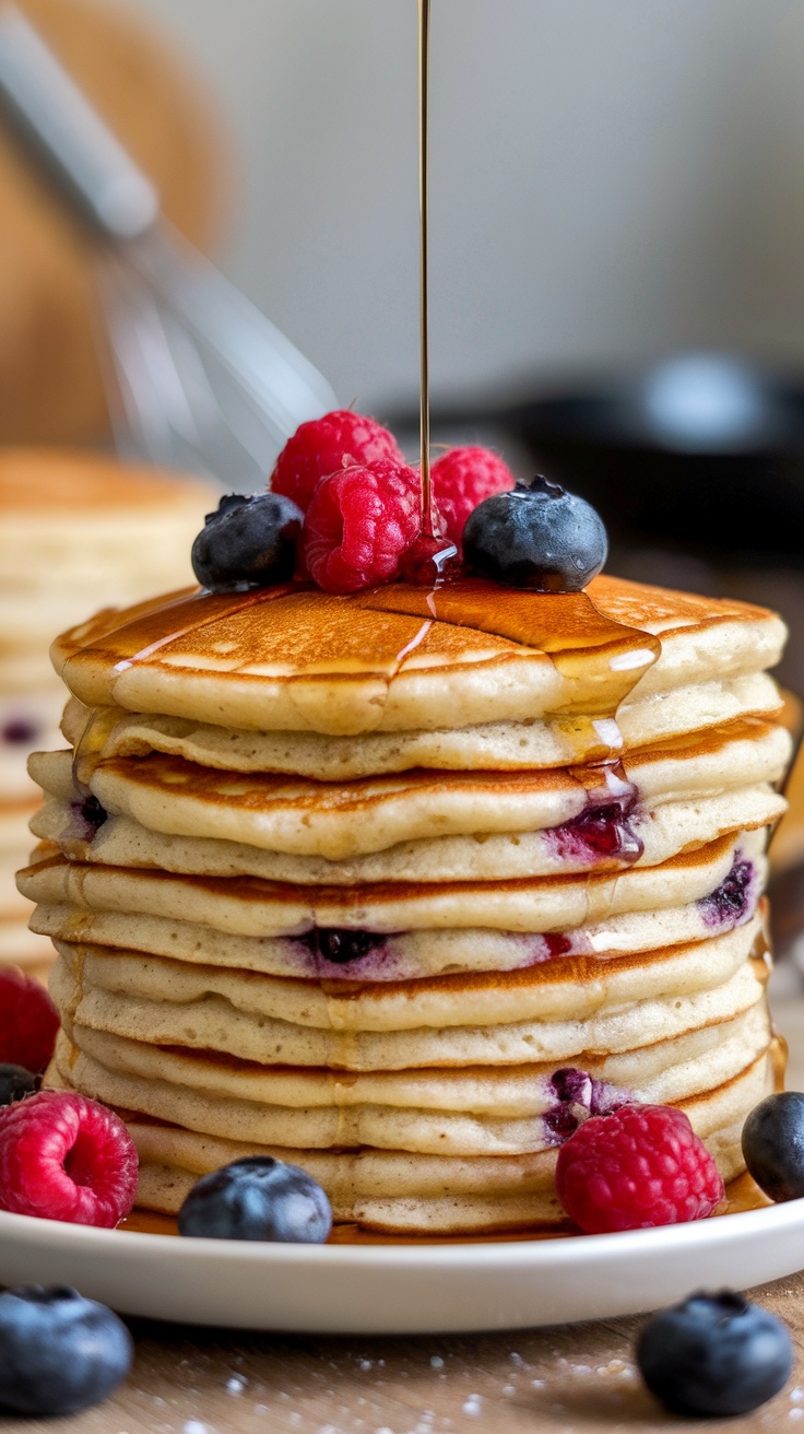 A stack of protein pancakes topped with fresh berries and maple syrup