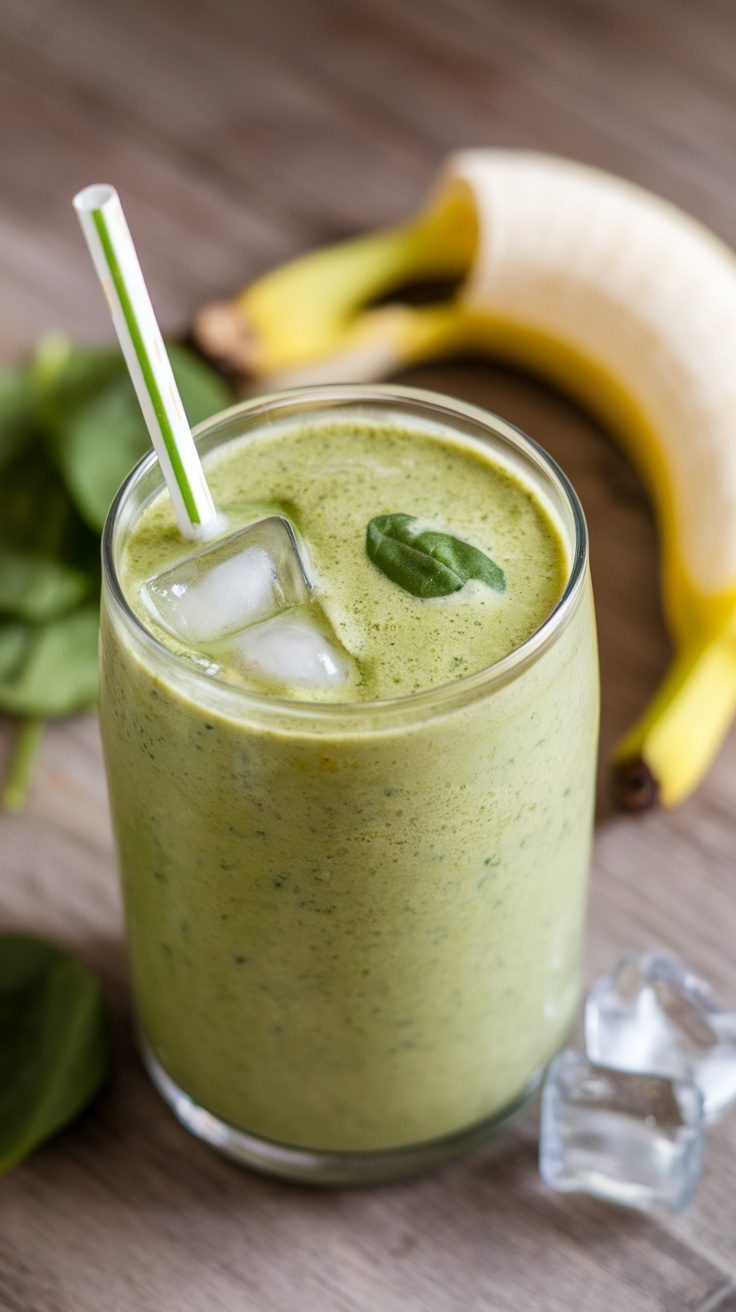 A green protein smoothie with spinach and banana, garnished with a spinach leaf and served with ice.