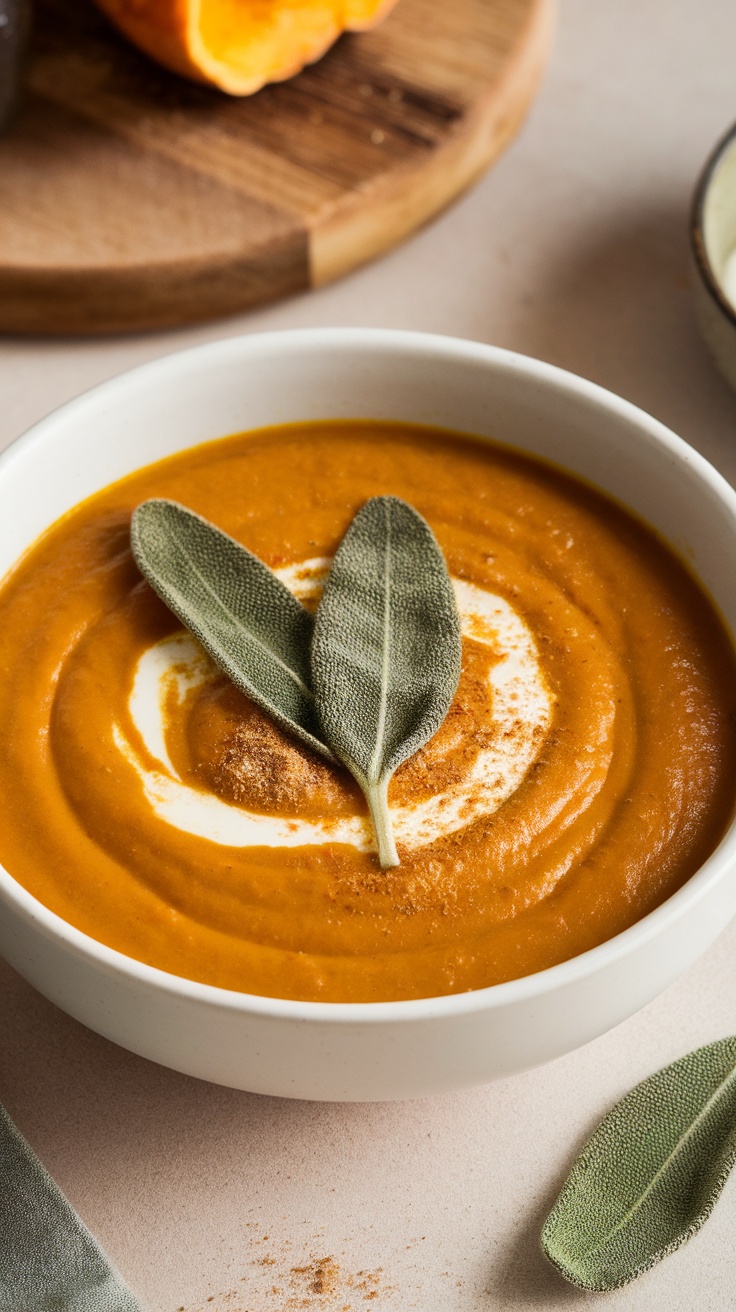 A bowl of creamy pumpkin soup garnished with sage leaves.