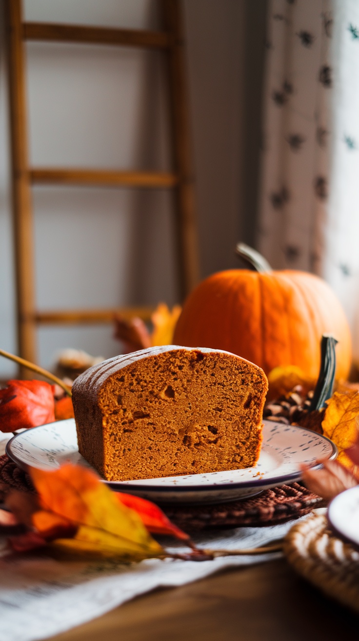 A slice of moist pumpkin spice bread on a decorative plate surrounded by autumn leaves.