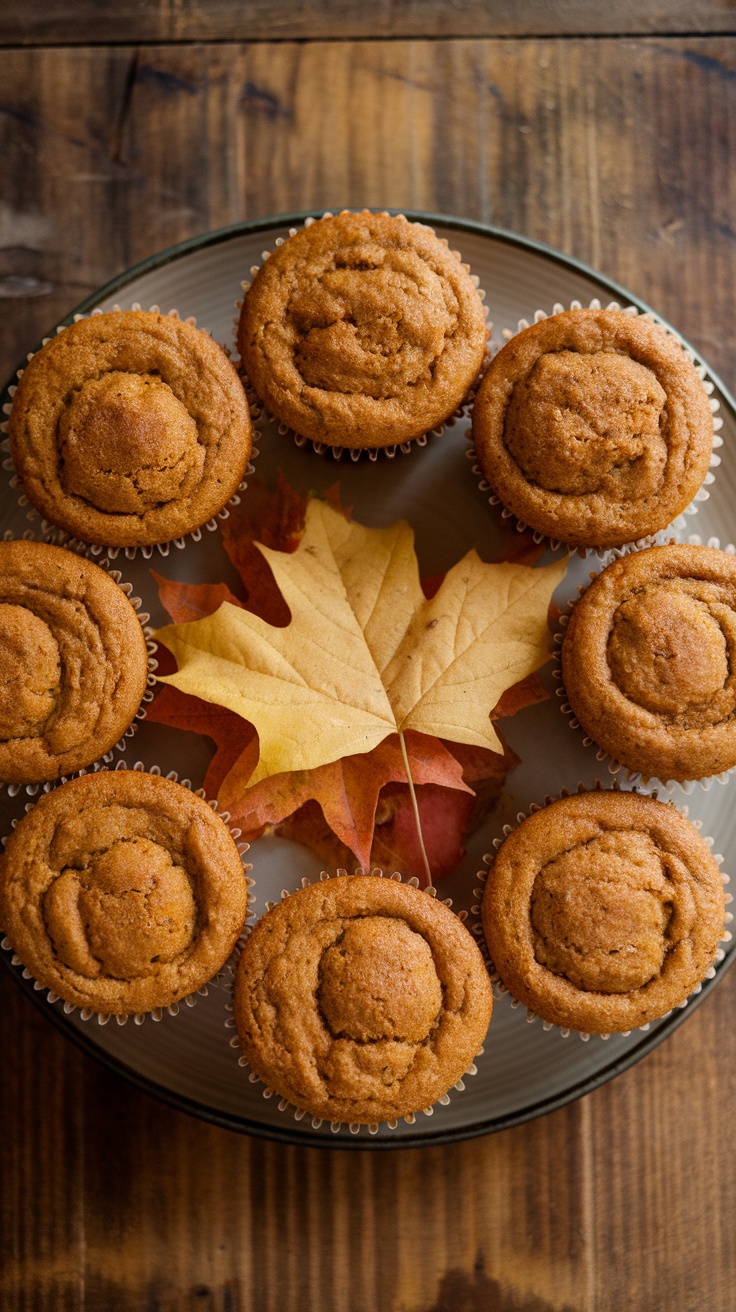 Delicious pumpkin spice protein muffins arranged on a plate with autumn leaves.