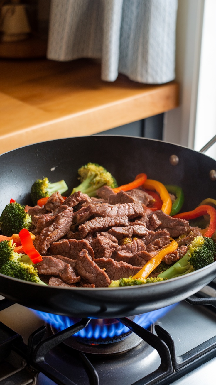 A skillet filled with beef strips and broccoli, sizzling on the stove.