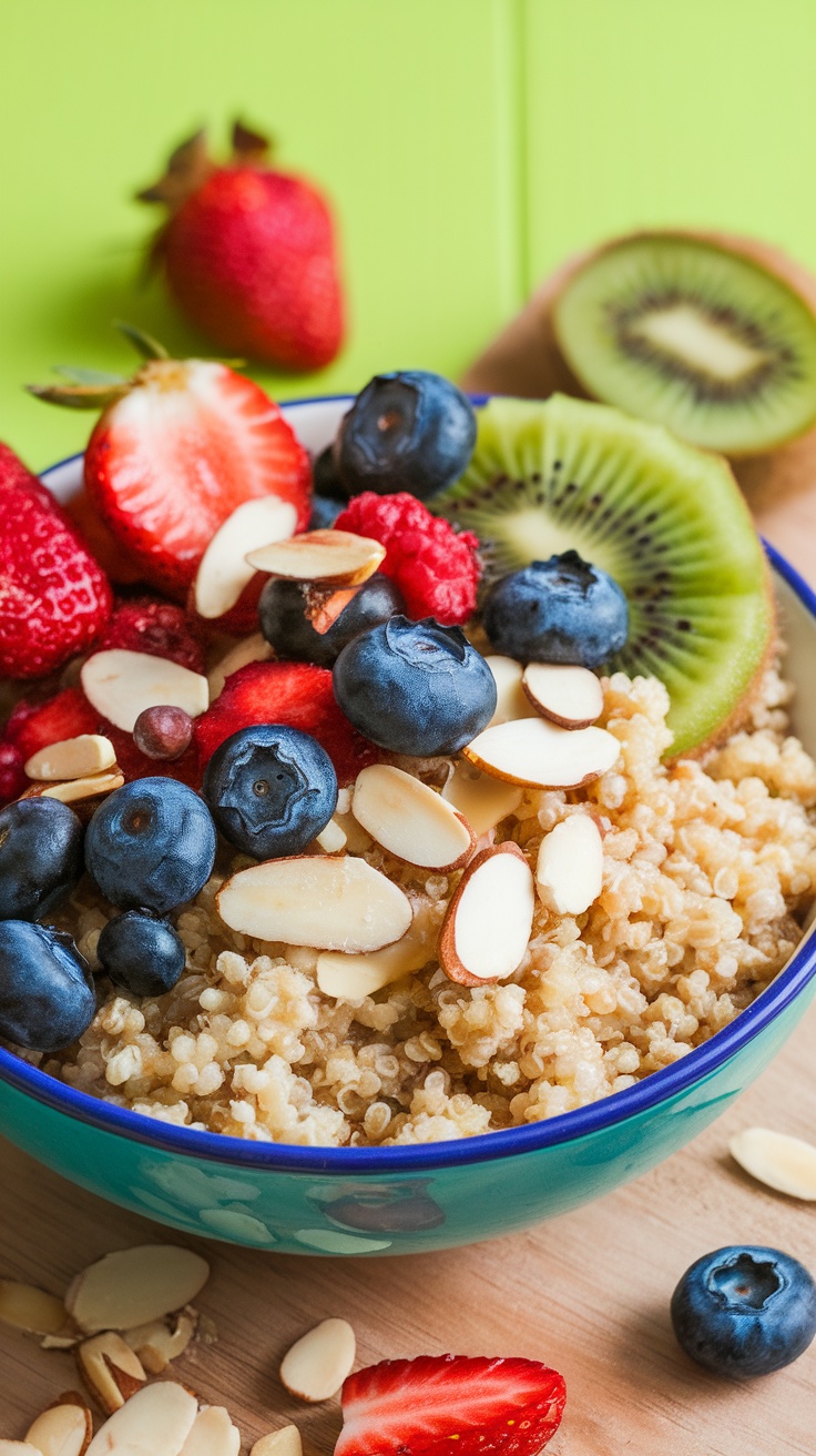 A colorful quinoa breakfast bowl topped with almonds, berries, and banana.