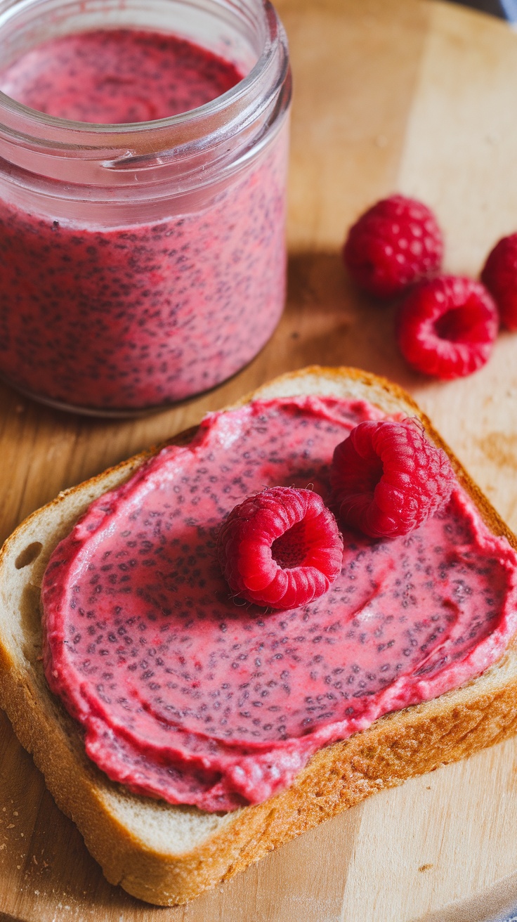 A slice of bread topped with raspberry chia protein jam and fresh raspberries.