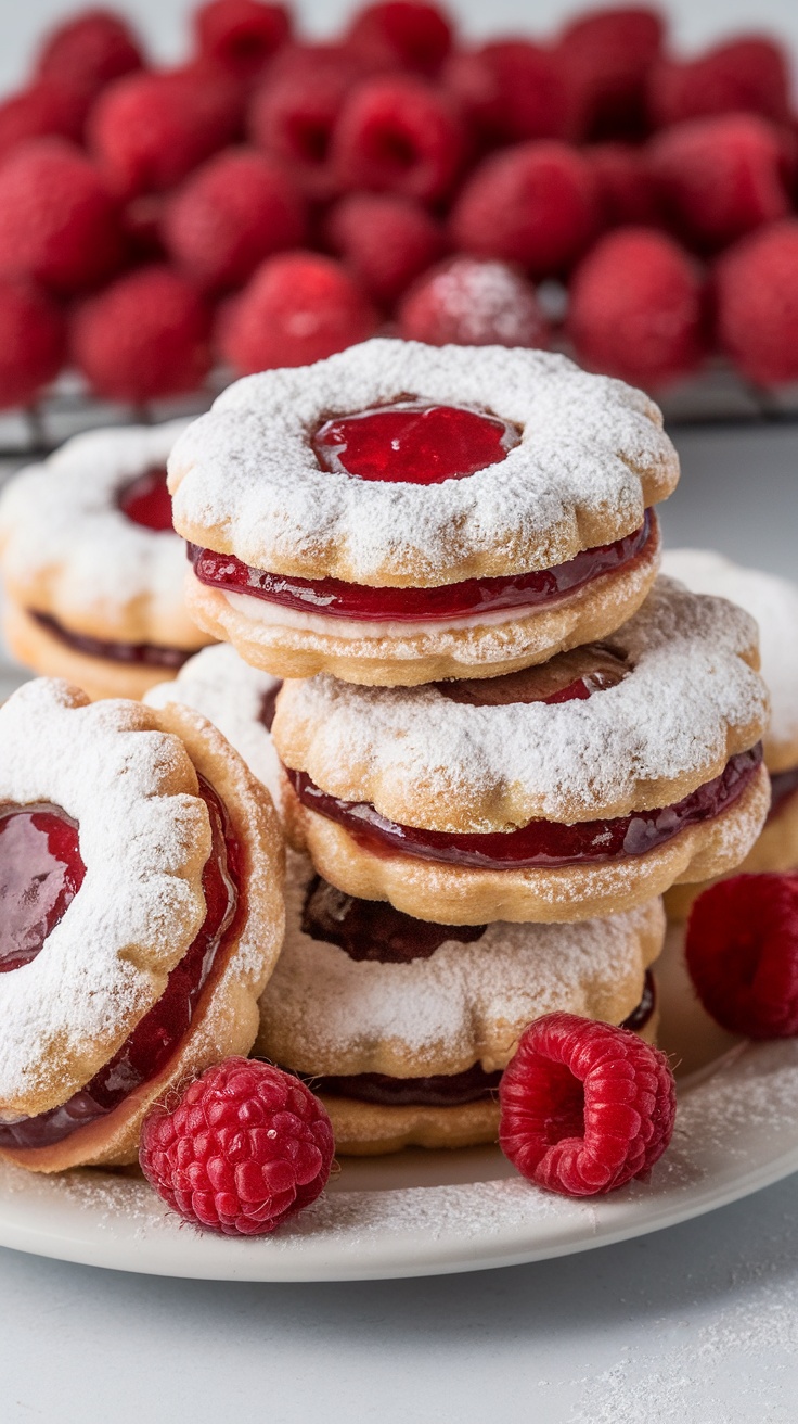 A stack of raspberry linzer cookies with jam filling, dusted with powdered sugar and surrounded by fresh raspberries.