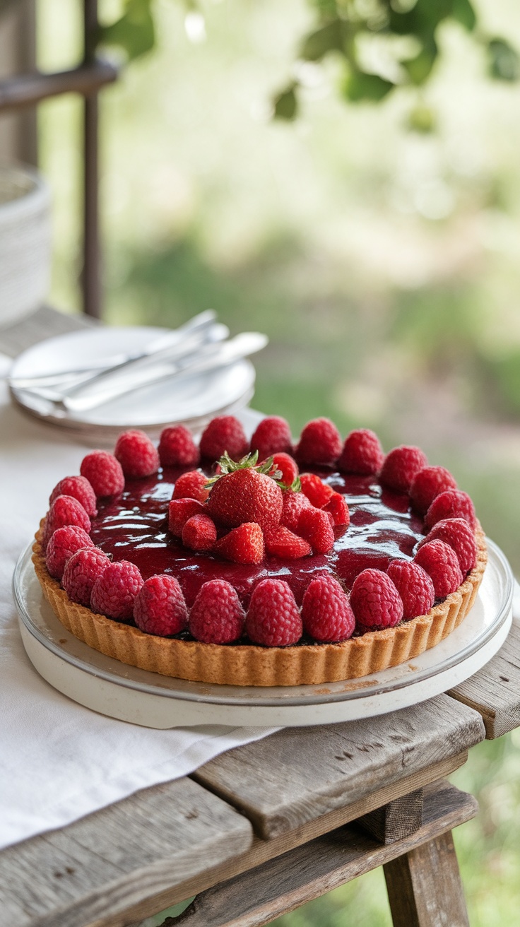 A delicious red berry tart topped with raspberries and strawberries on a wooden table.