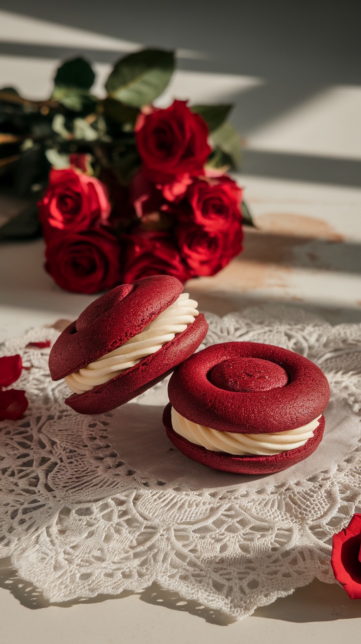 Red velvet whoopie pies with cream cheese filling on a lace doily with roses in the background.