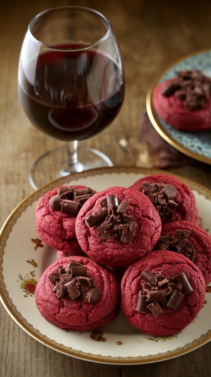 A plate of red wine chocolate cookies with chocolate chunks, next to a glass of red wine.