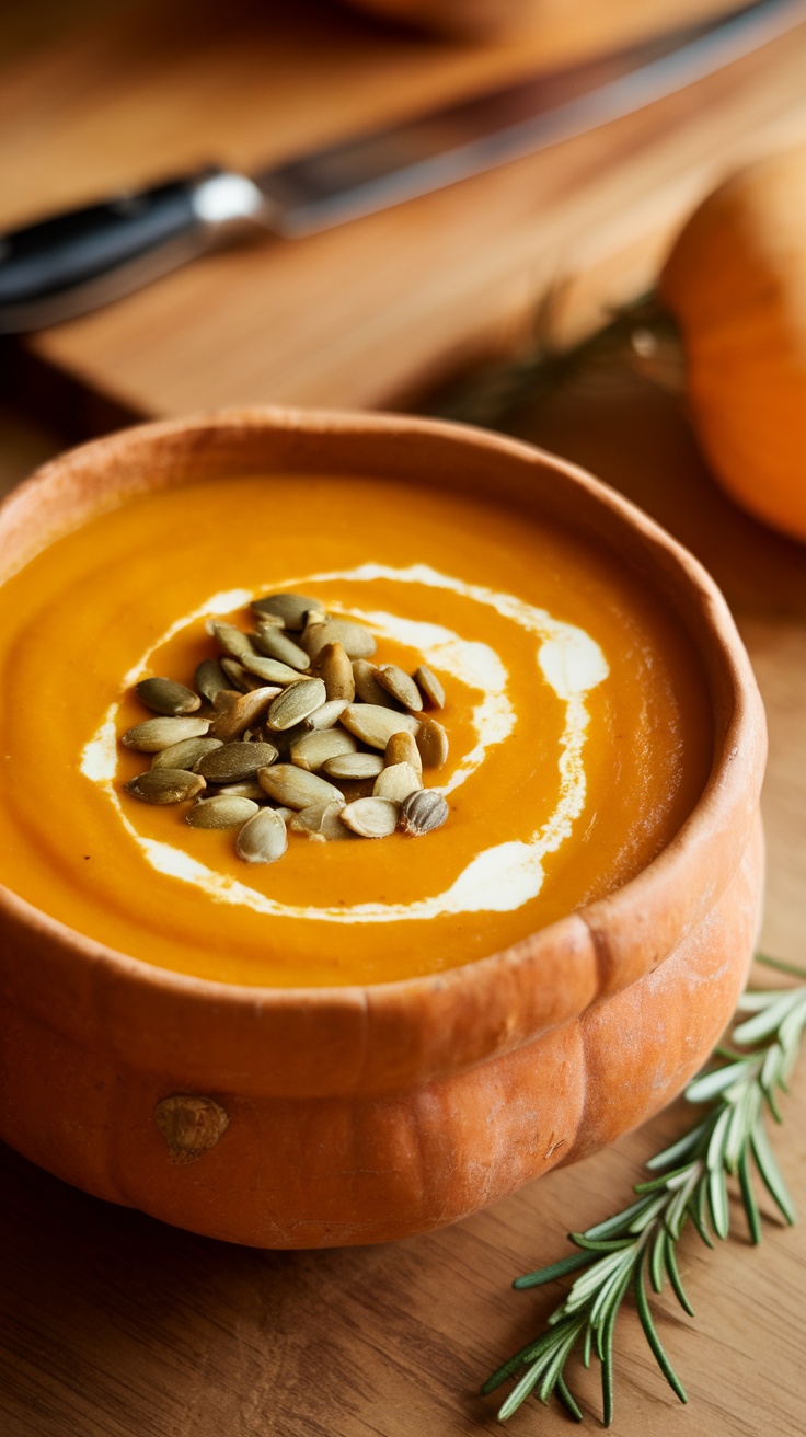 A bowl of creamy roasted butternut squash soup garnished with pumpkin seeds.