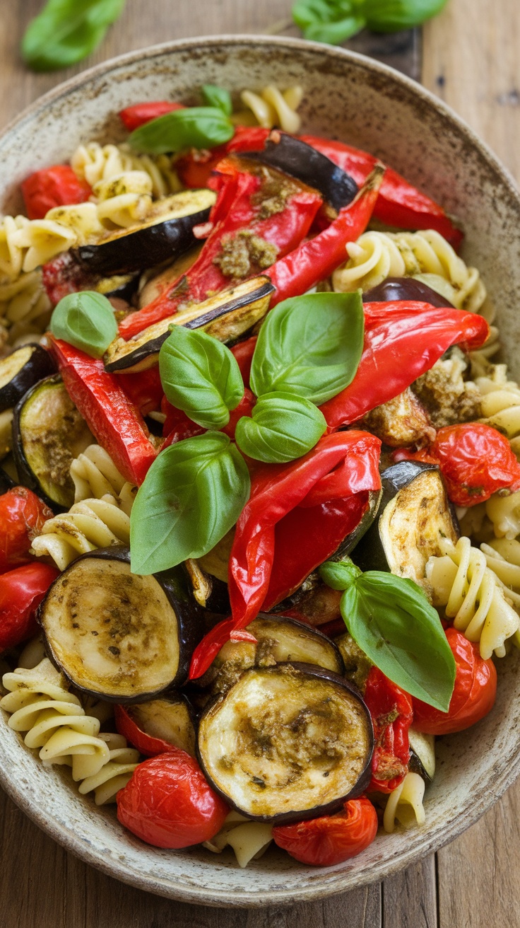 A delicious bowl of roasted veggie pasta salad with pesto, featuring colorful vegetables and fresh basil.