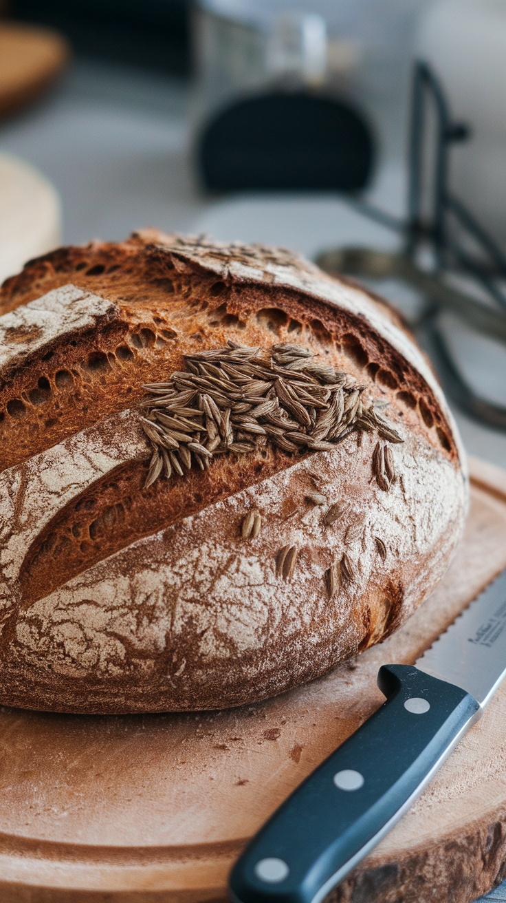 A loaf of rye bread topped with caraway seeds, resting on a wooden cutting board.