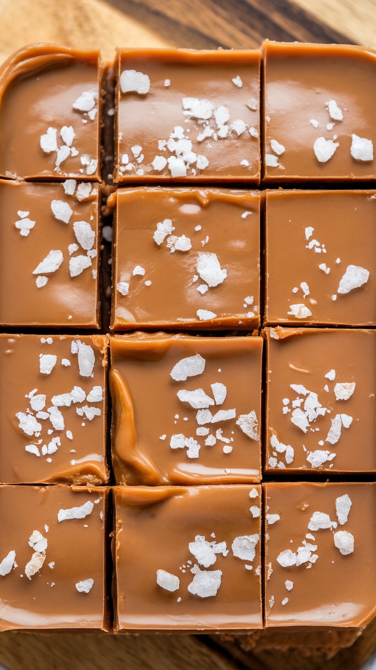 Delicious salted caramel protein fudge cut into squares, topped with sea salt.