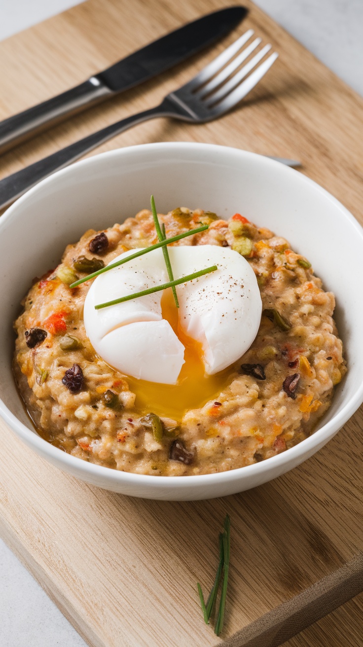 Bowl of savory oatmeal topped with a poached egg and garnished with chives.