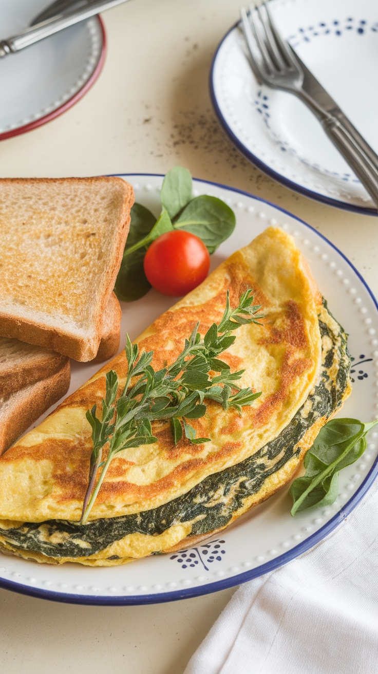 A delicious spinach and feta omelette served with toast and a cherry tomato.