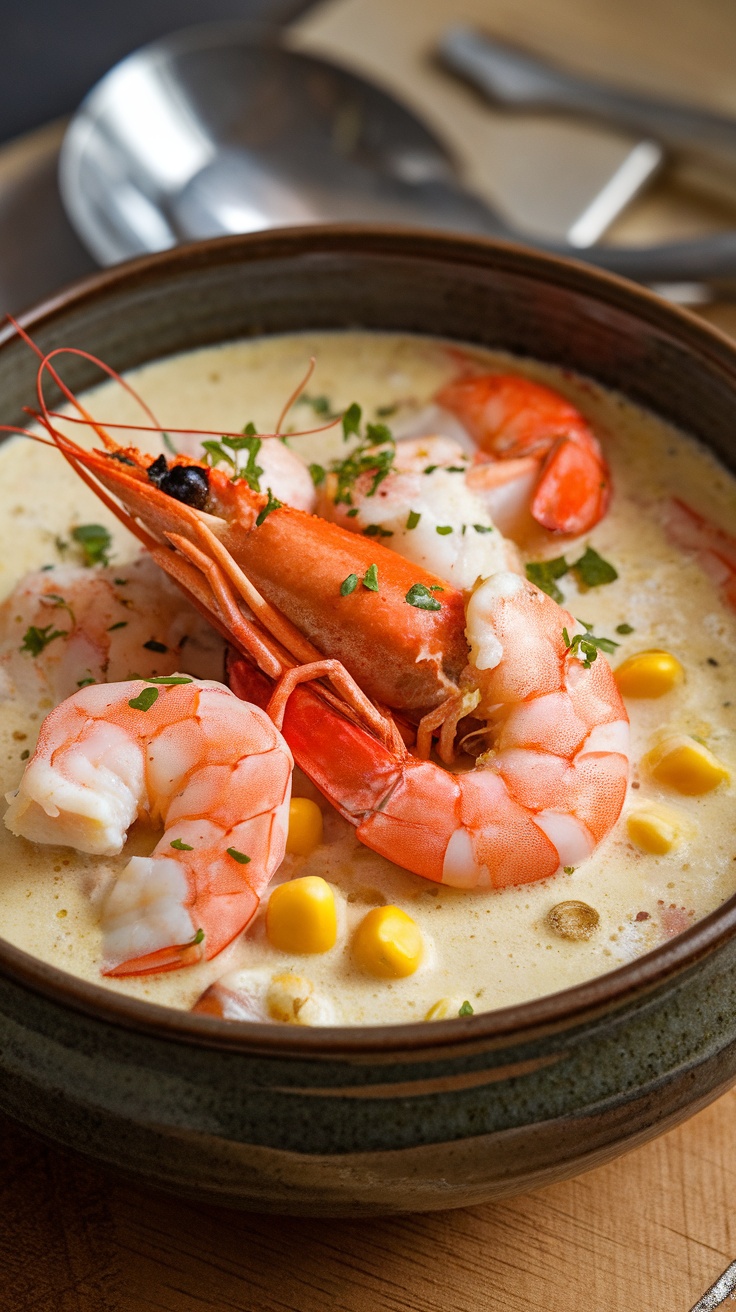 A bowl of creamy seafood chowder with shrimp and corn.