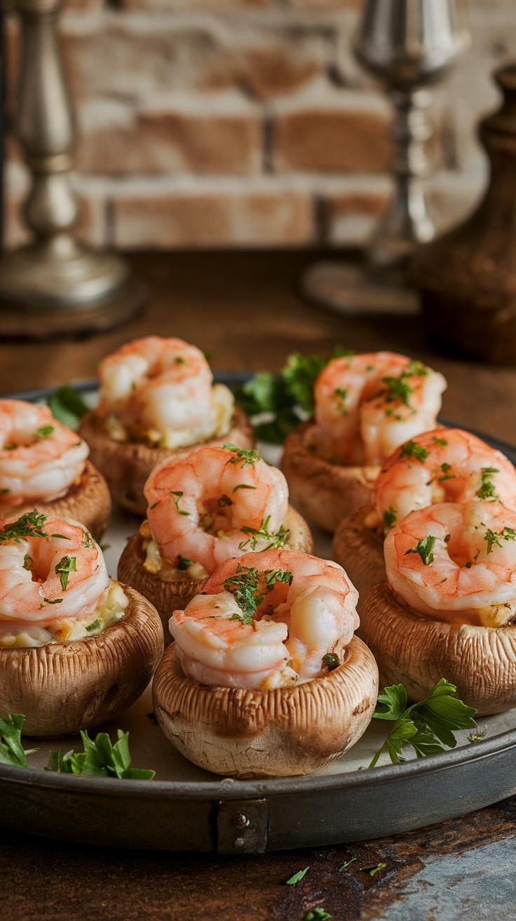 Shrimp-stuffed mushrooms arranged on a plate garnished with parsley.