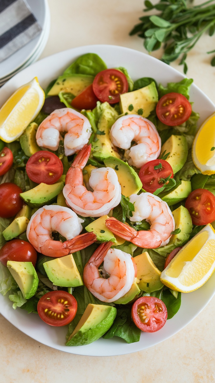 A vibrant shrimp and avocado salad topped with fresh tomatoes and lemon wedges.