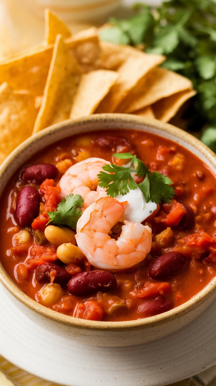 A bowl of shrimp and bean chili topped with shrimp and fresh cilantro, served with tortilla chips