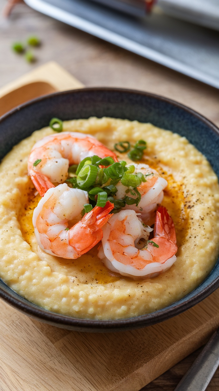 A bowl of shrimp and grits topped with green onions