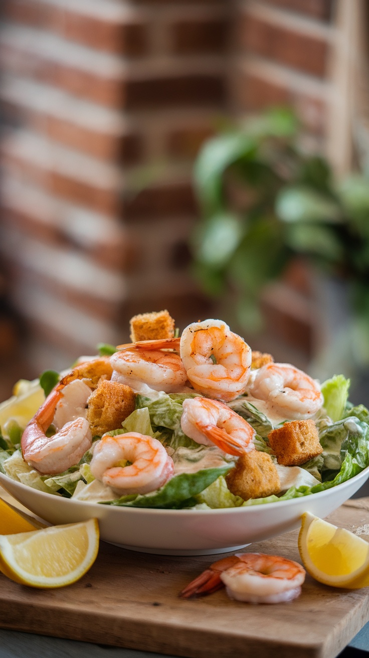 A delicious Shrimp Caesar Salad with lettuce, shrimp, croutons, and lemon.