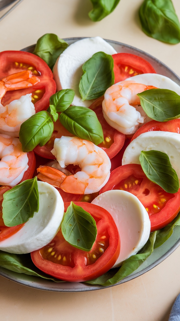 A vibrant Shrimp Caprese Salad with tomatoes, mozzarella, basil, and shrimp.