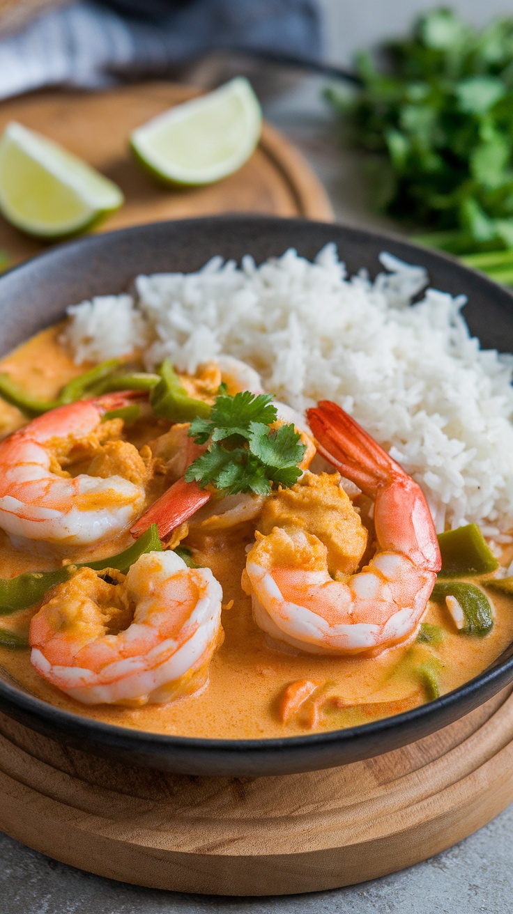 A bowl of shrimp curry with coconut milk served with rice and garnished with cilantro.