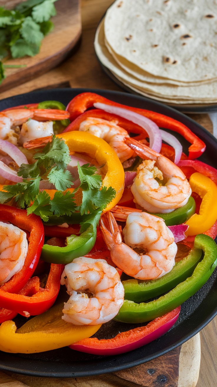 Shrimp fajitas with bell peppers and tortillas