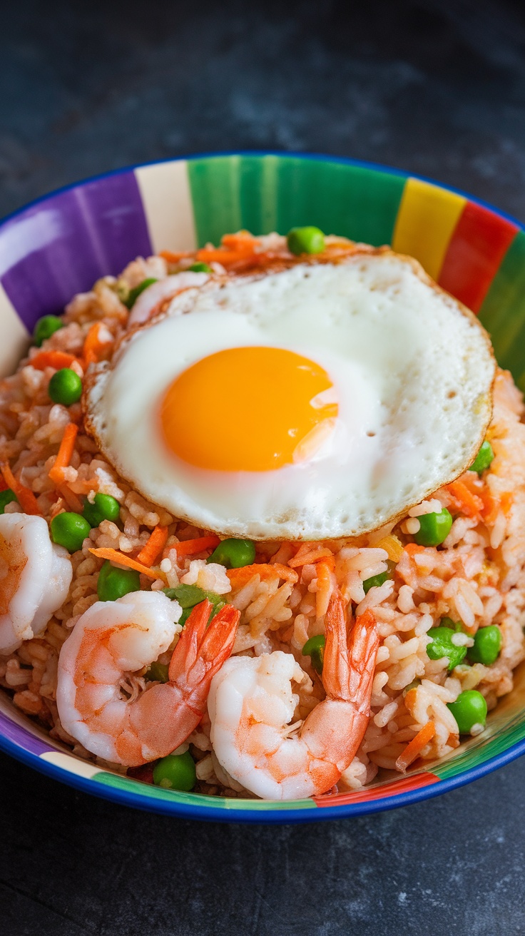 A bowl of shrimp fried rice topped with a fried egg.