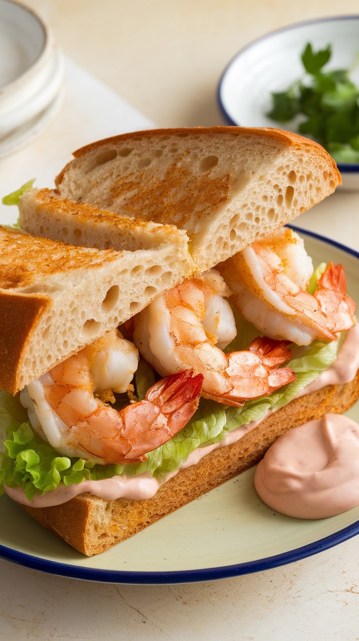 A Shrimp Po' Boy sandwich with lettuce, shrimp, and sauce on toasted bread.