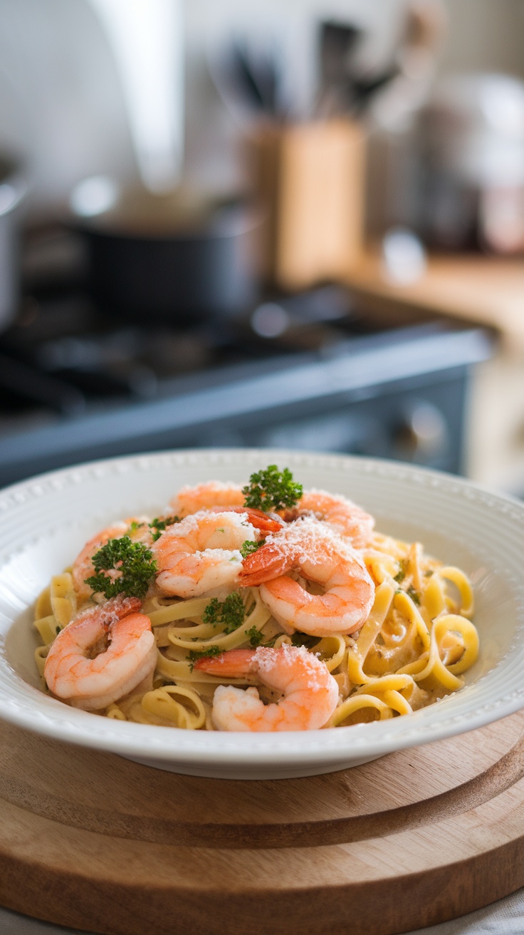 A plate of shrimp scampi pasta with shrimp and parsley on top.