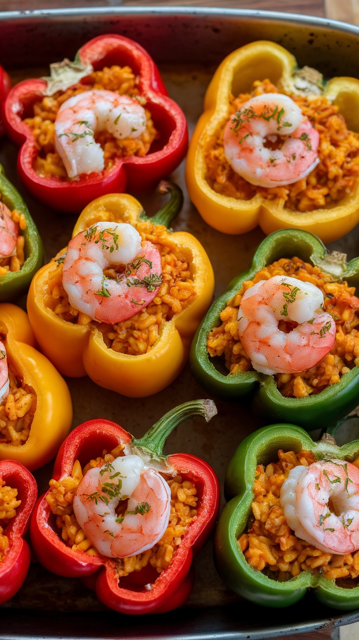 Shrimp stuffed bell peppers arranged in a baking dish