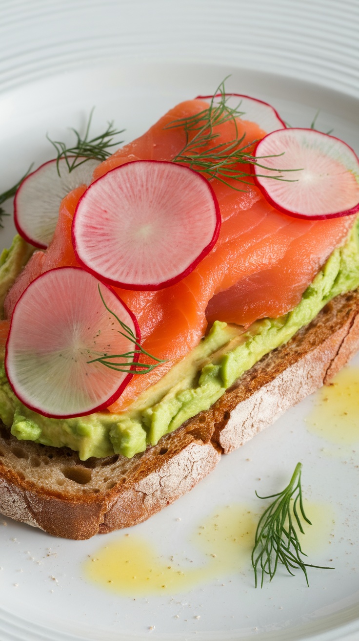 A delicious smoked salmon and avocado toast topped with radish slices and fresh dill.