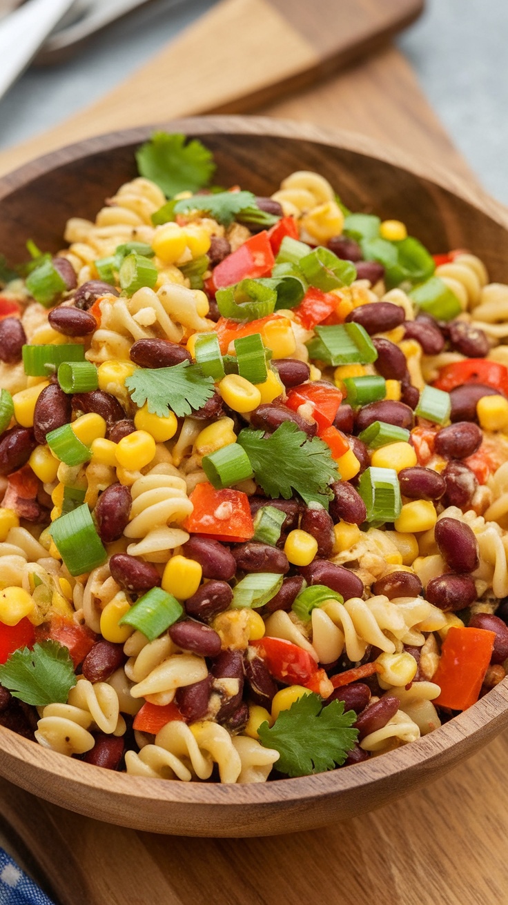 A bowl of Southwest Black Bean Pasta Salad with colorful ingredients