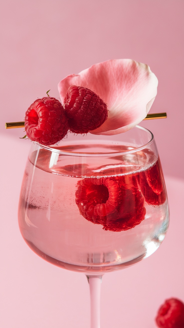 A glass of sparkling raspberry rose cocktail with fresh raspberries and rose petals on top.