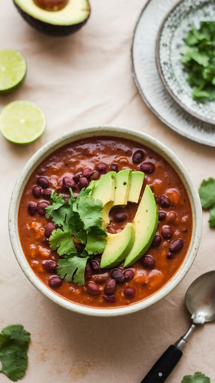 Delicious bowl of spicy black bean soup garnished with avocado, cilantro, and lime.