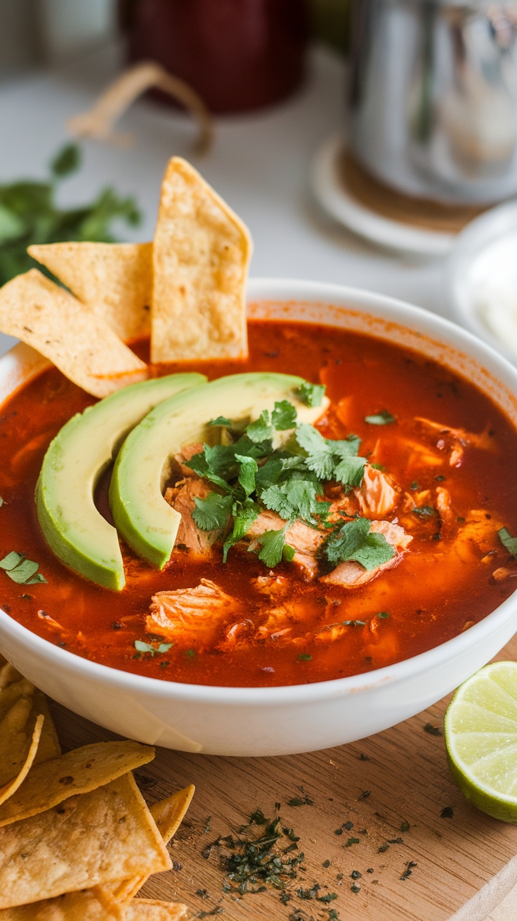 A bowl of spicy chicken tortilla soup topped with avocado, cilantro, and tortilla strips.