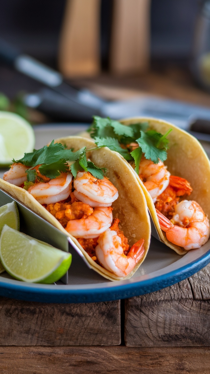 Spicy garlic shrimp tacos garnished with cilantro and lime