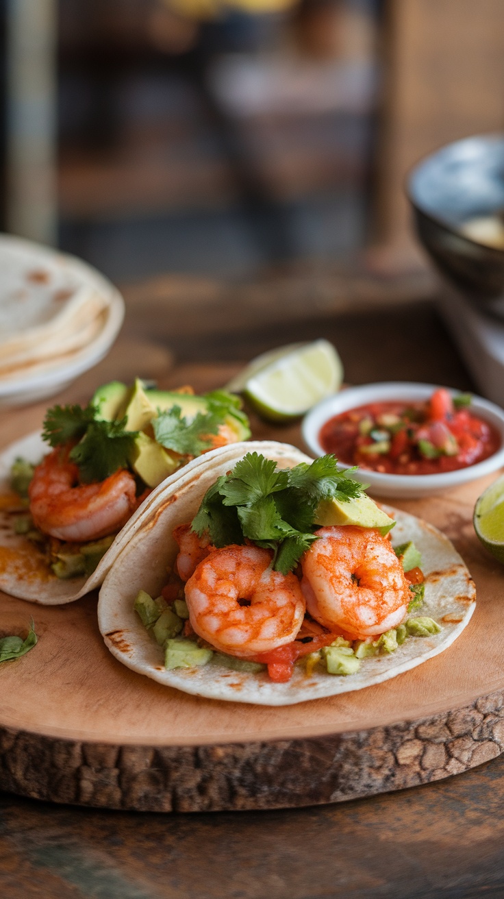 Spicy shrimp tacos with avocado and salsa on a wooden platter.