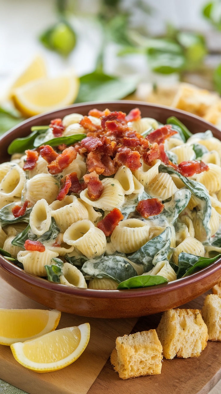 A bowl of Spinach and Bacon Pasta Salad garnished with crispy bacon bits and fresh spinach leaves.