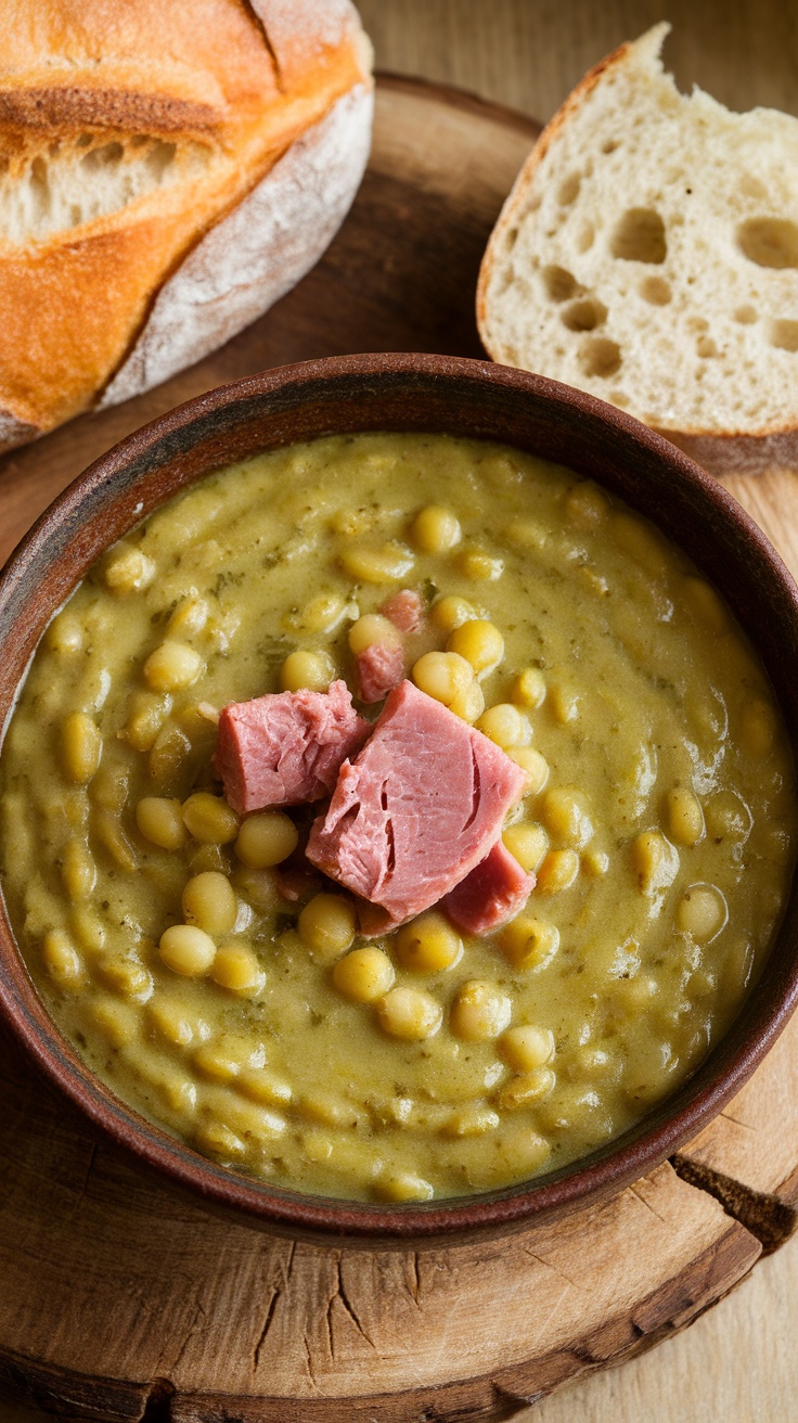 A hearty bowl of split pea soup with ham, garnished with pieces of ham and served with crusty bread.