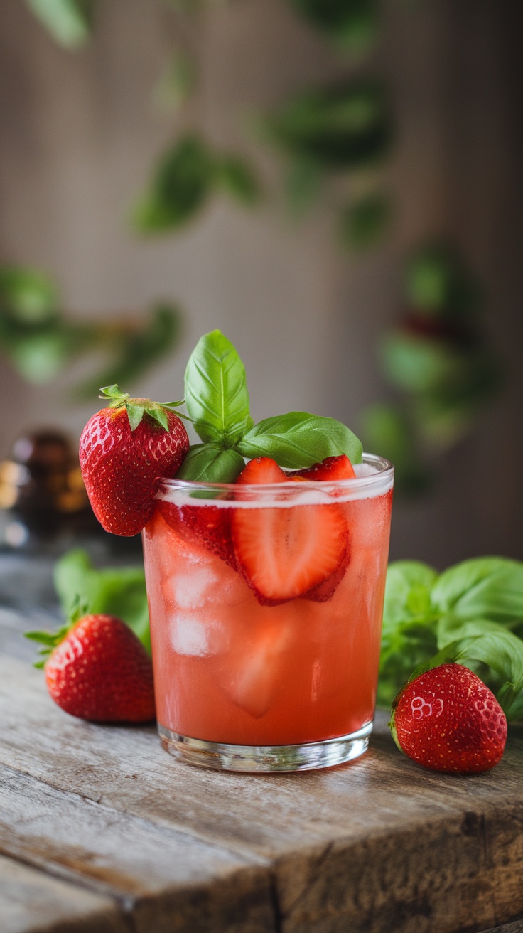 A refreshing Strawberry Basil Smash cocktail garnished with fresh strawberries and basil leaves.