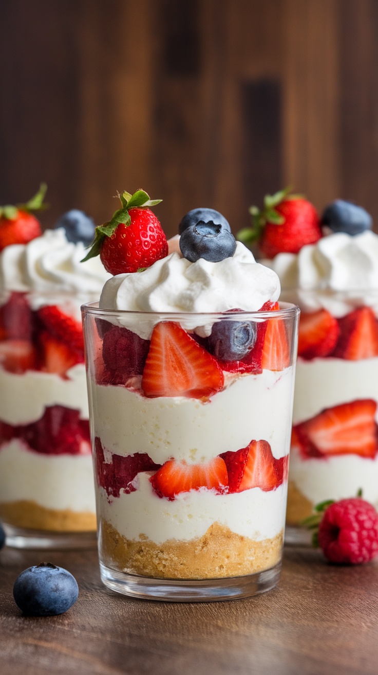 Delicious strawberry cheesecake dump cake parfaits in glass cups topped with strawberries and blueberries.