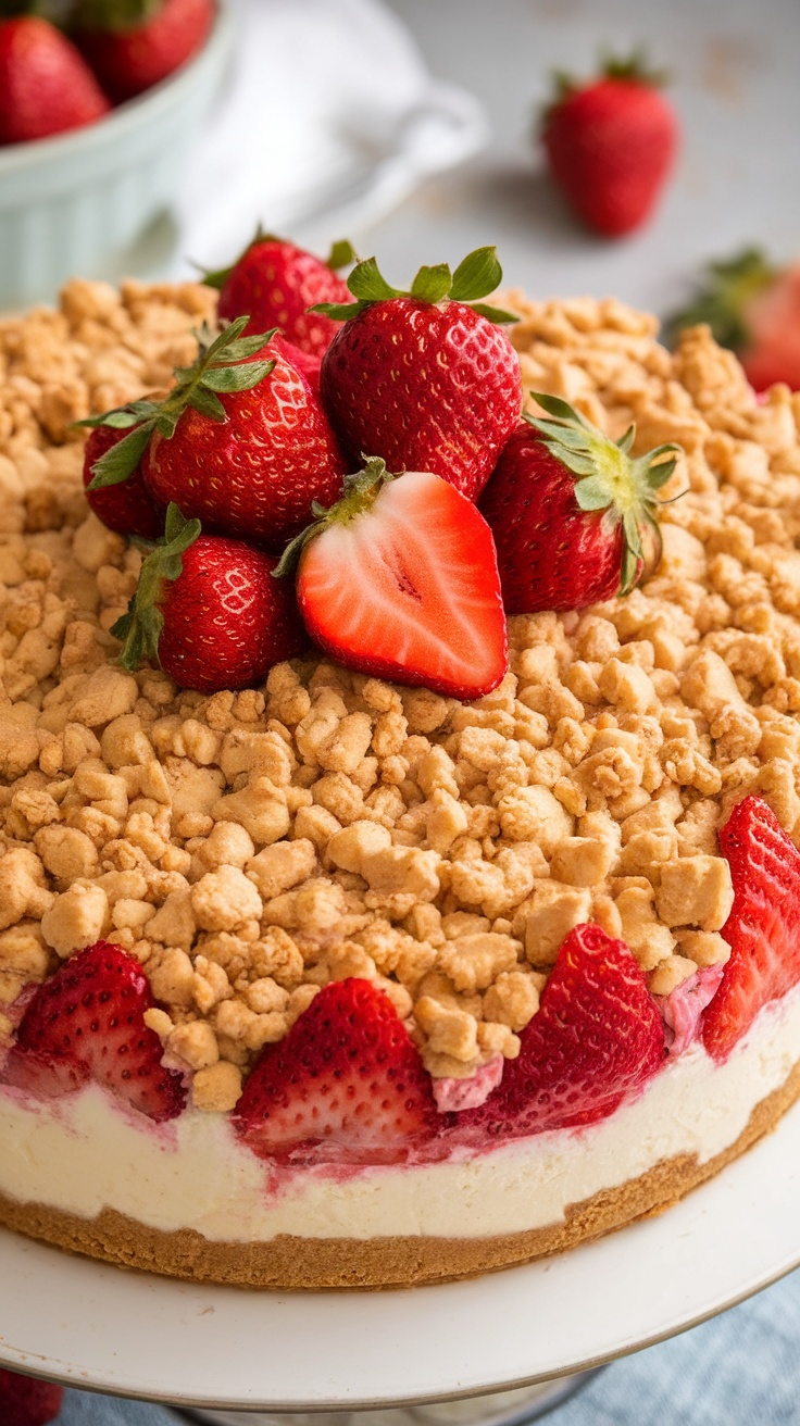 A delicious strawberry cheesecake dump cake topped with crumble and fresh strawberries.