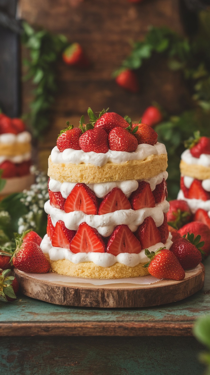 A beautiful strawberry shortcake layered with whipped cream and fresh strawberries