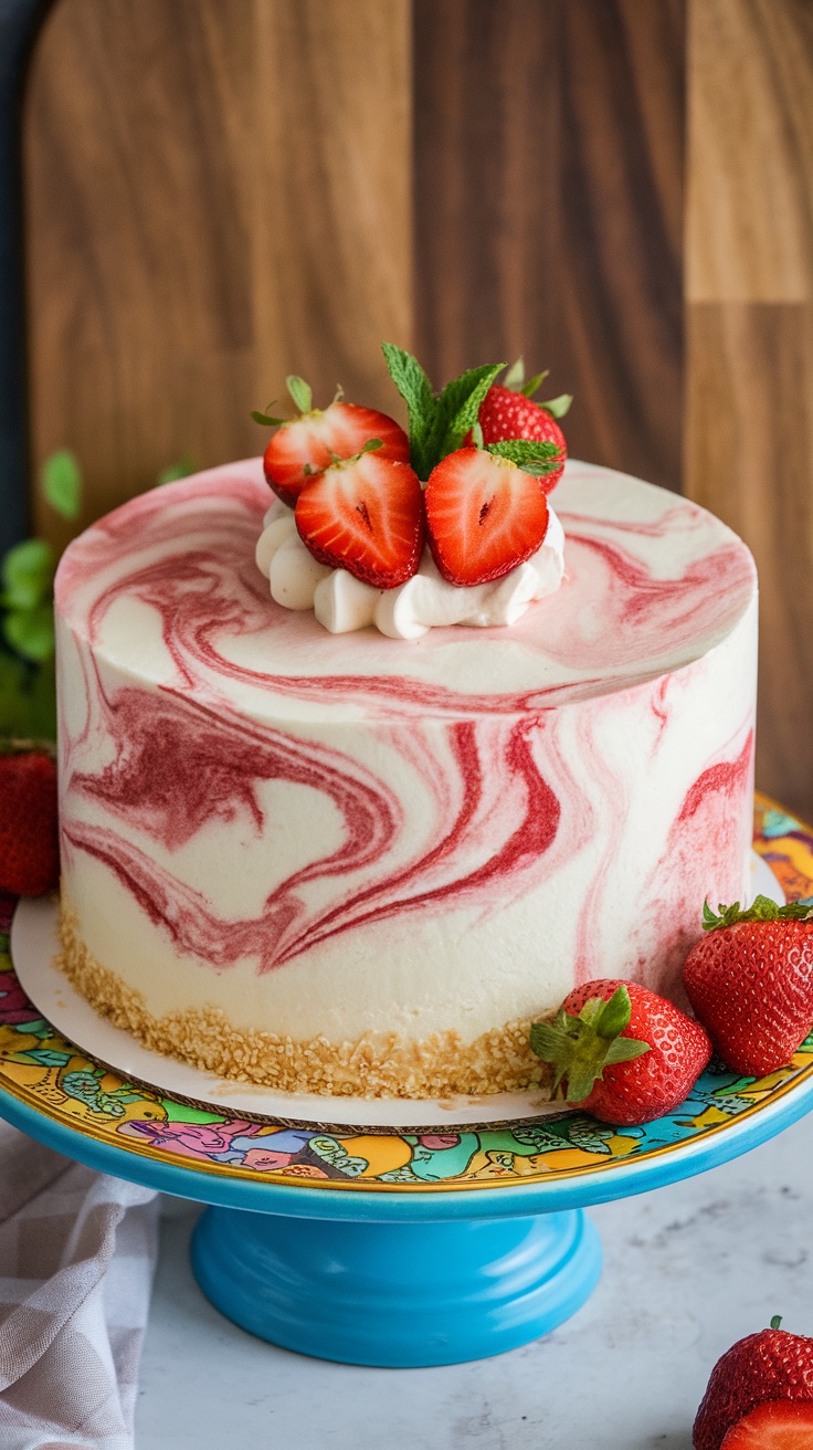 A beautifully swirled strawberry cheesecake dump cake topped with fresh strawberries and mint.