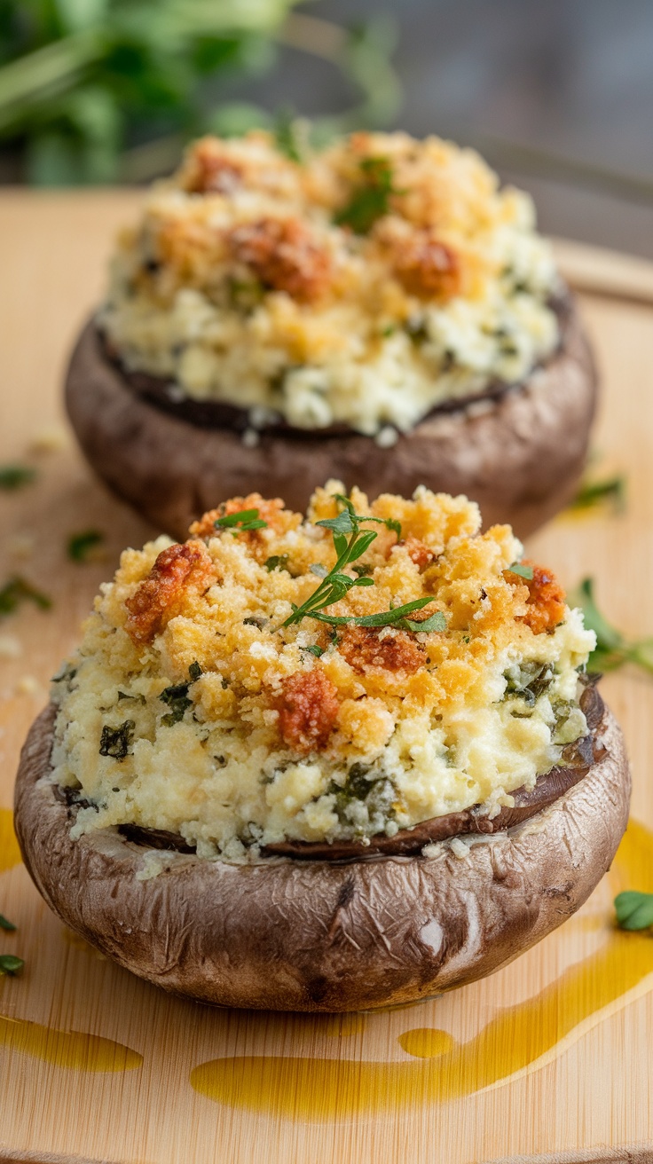 Two stuffed portobello mushrooms topped with crispy breadcrumbs and herbs.