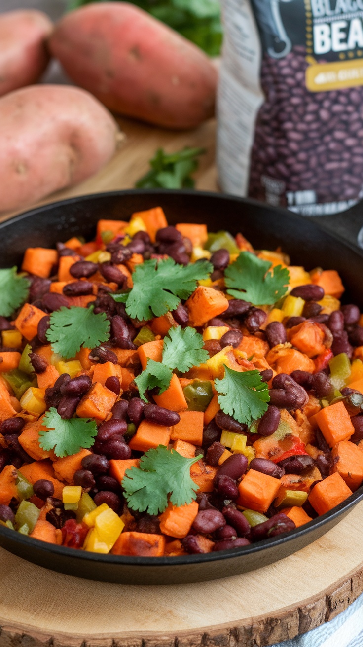 A colorful Sweet Potato and Black Bean Hash with fresh cilantro on top.