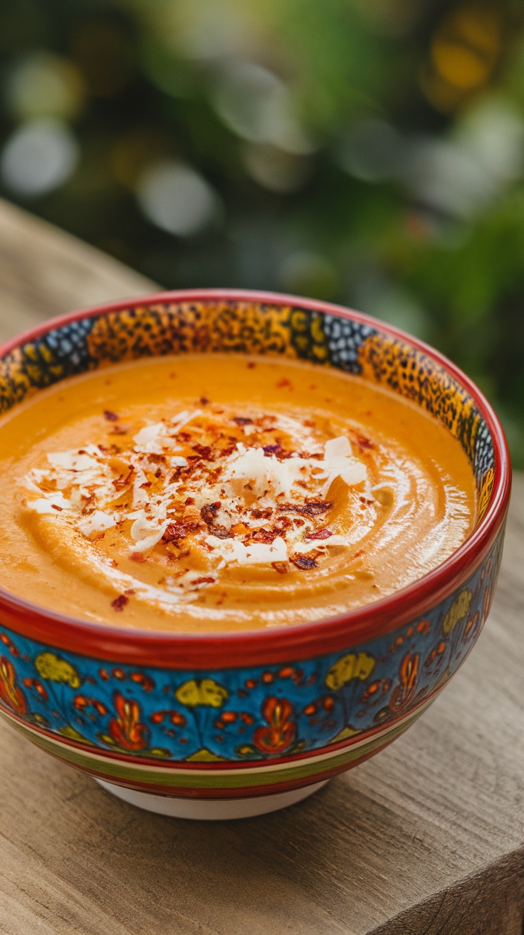 A vibrant bowl of sweet potato and coconut soup with a swirl of coconut and garnished with spices.