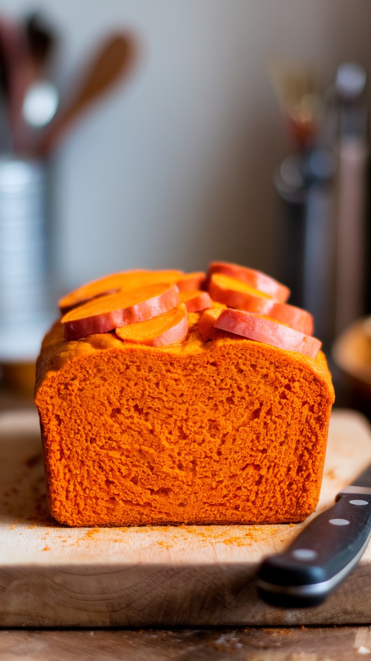 A loaf of sweet potato bread topped with slices of sweet potato.